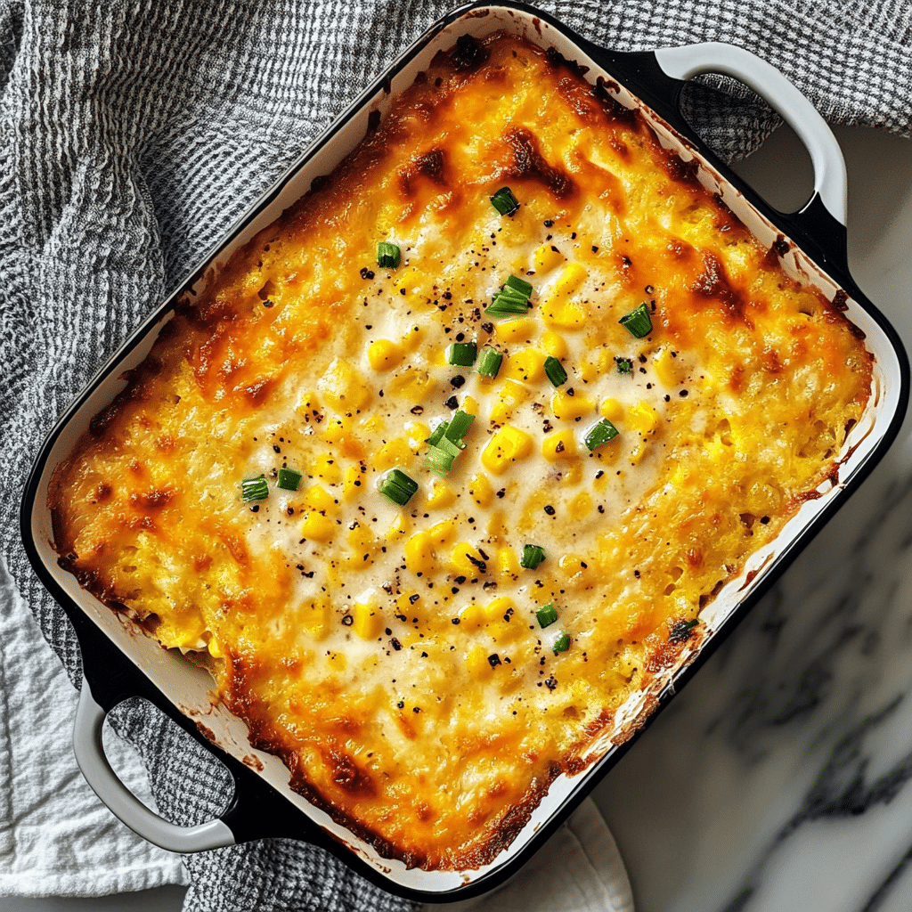 Baked cream cheese corn casserole in a dish with golden edges and herbs on top