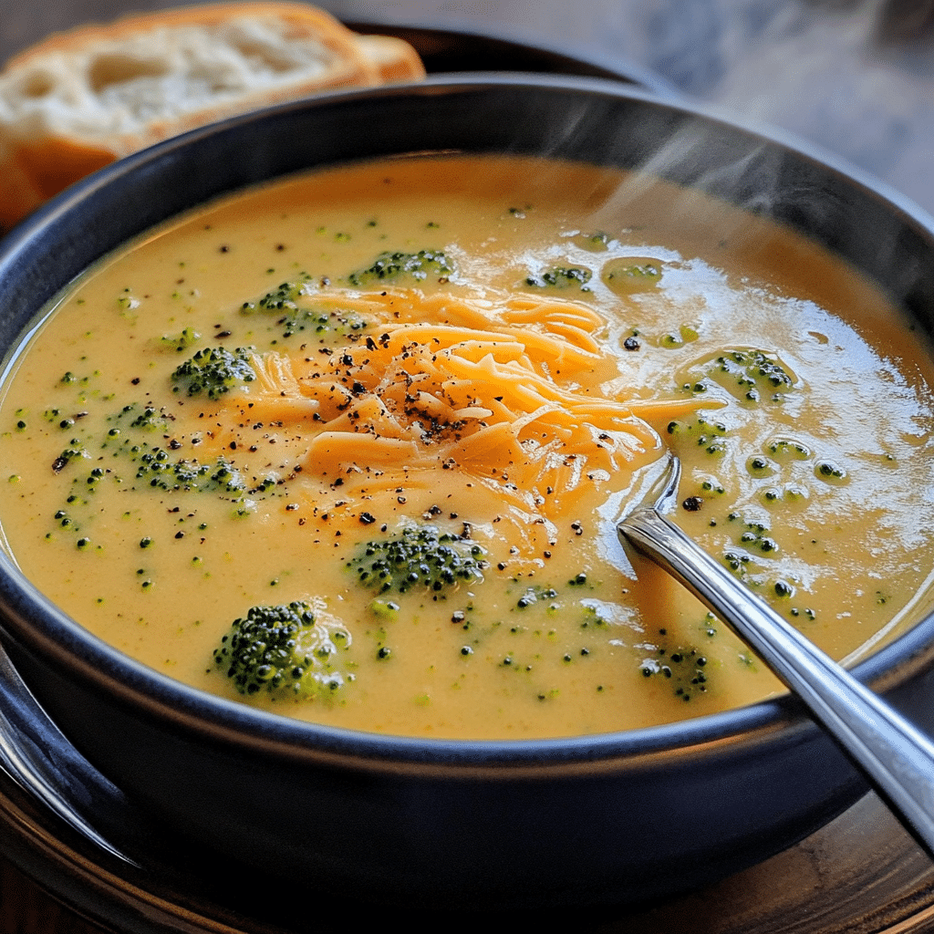 Bowl of creamy broccoli cheese soup topped with shredded cheddar