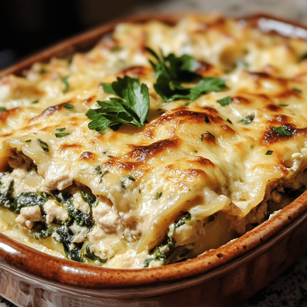 Homemade creamy chicken spinach lasagna in a serving dish in a bright kitchen