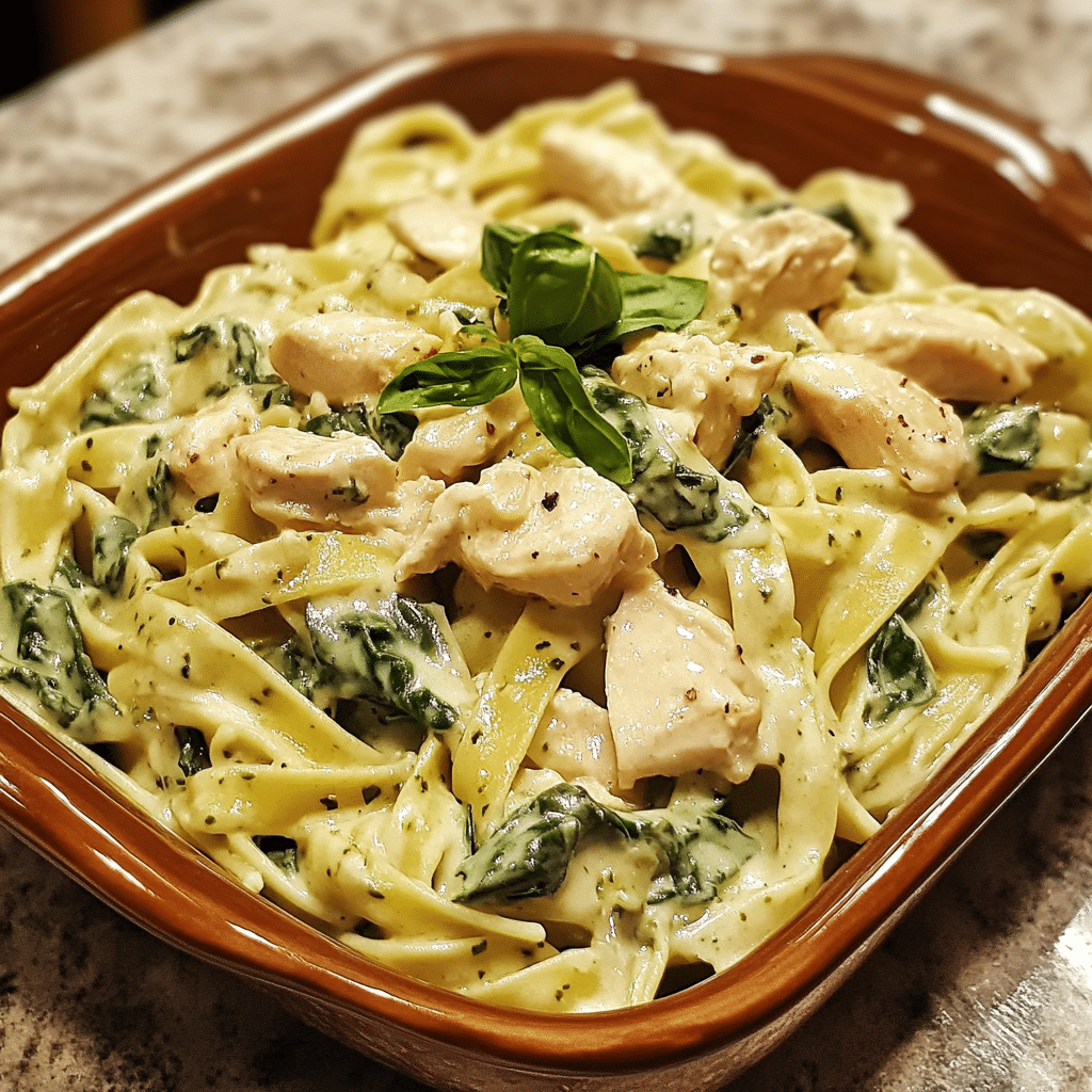 Homemade creamy chicken spinach pasta recipe in a serving dish in a bright kitchen