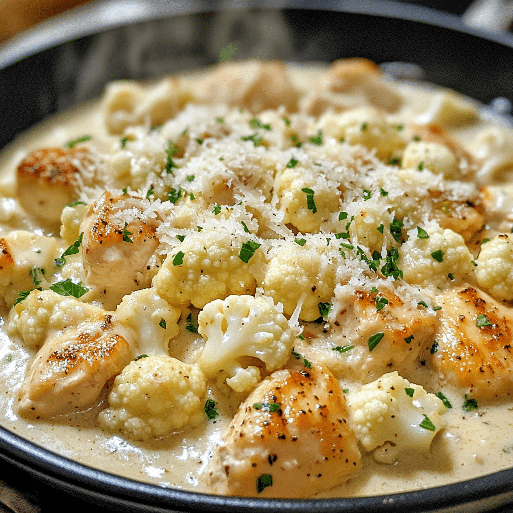 Skillet of creamy chicken and cauliflower in a garlic cream sauce with herbs and Parmesan-style cheese