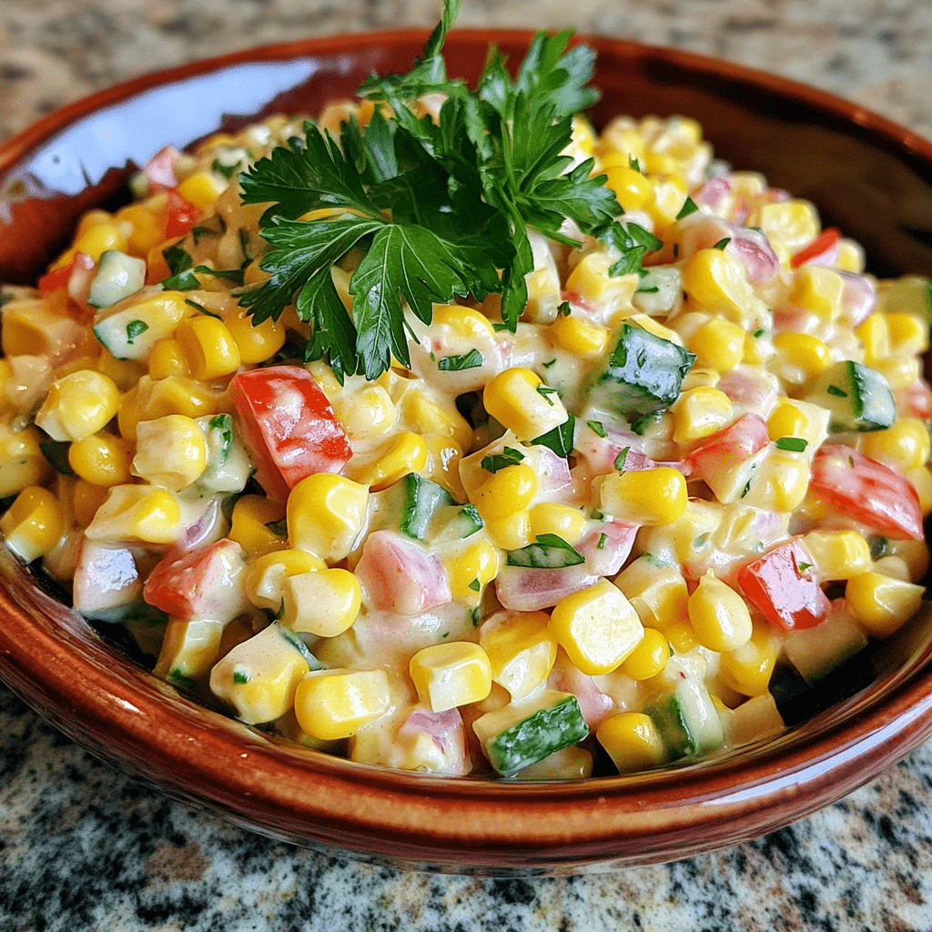 Homemade creamy corn salad recipe in a serving dish in a bright kitchen