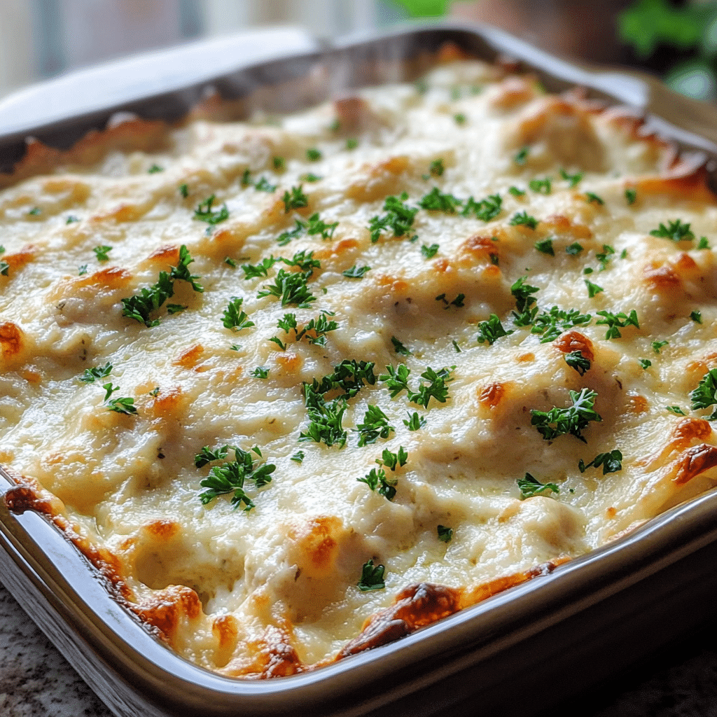 Cottage cheese chicken bake bubbling in a baking dish with herbs on top