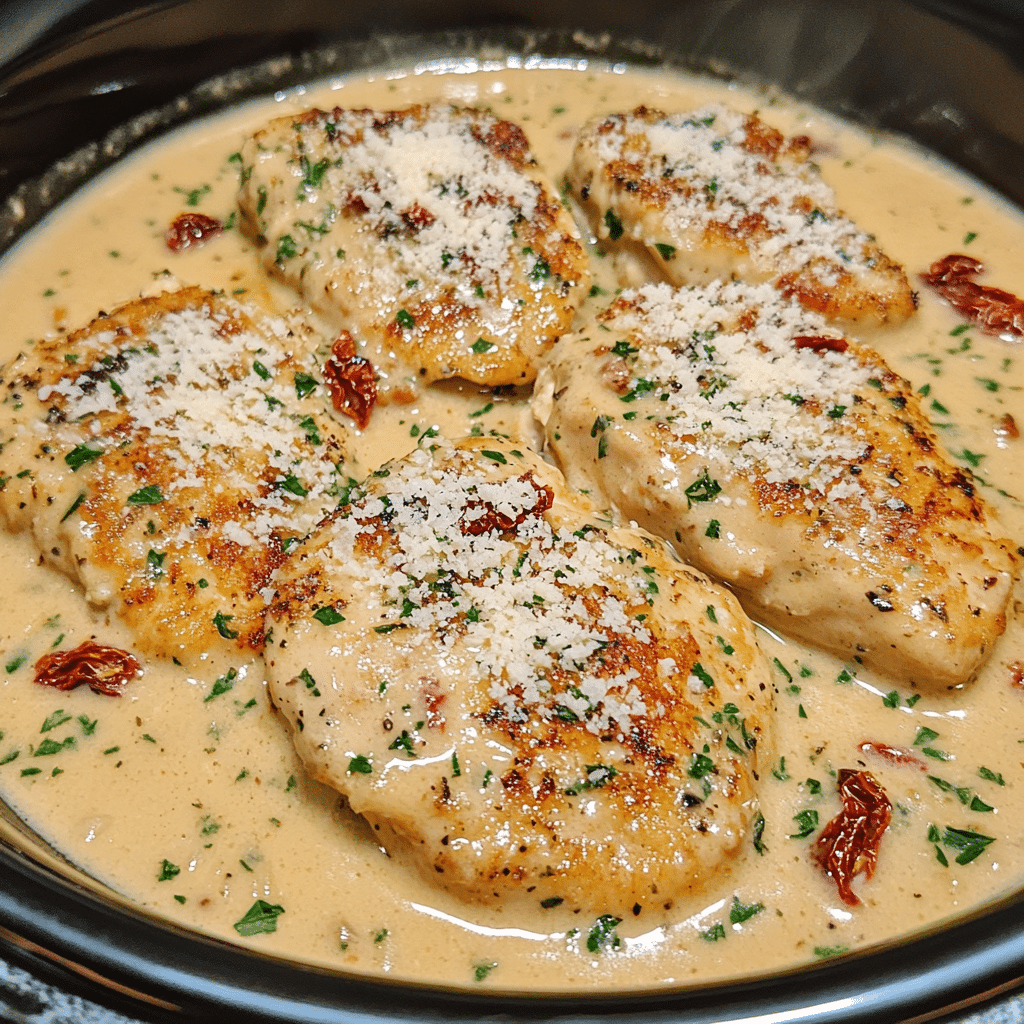 creamy crockpot marry me chicken with sun dried tomatoes in a bowl