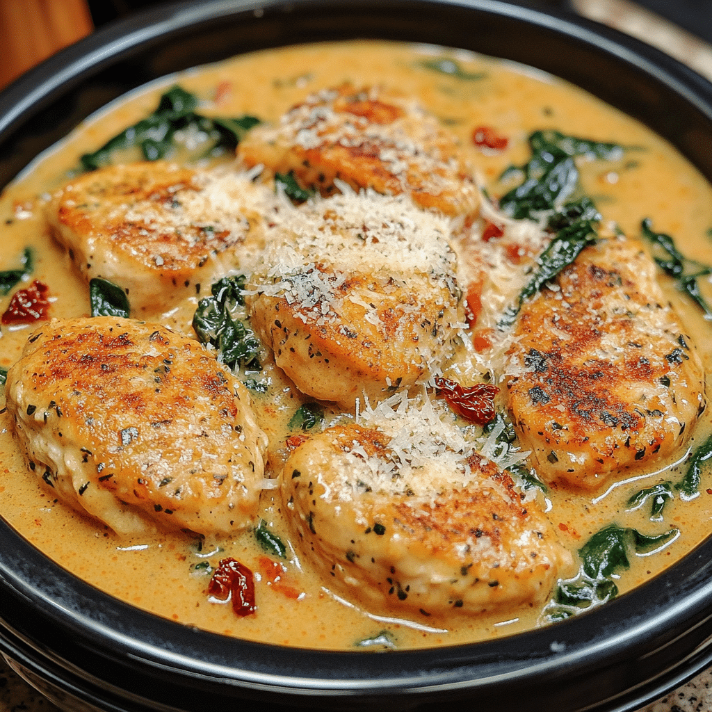 crockpot Tuscan chicken in creamy sauce with spinach and sun dried tomatoes