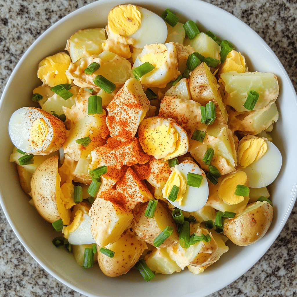 Bowl of creamy deviled egg potato salad with eggs and paprika on top
