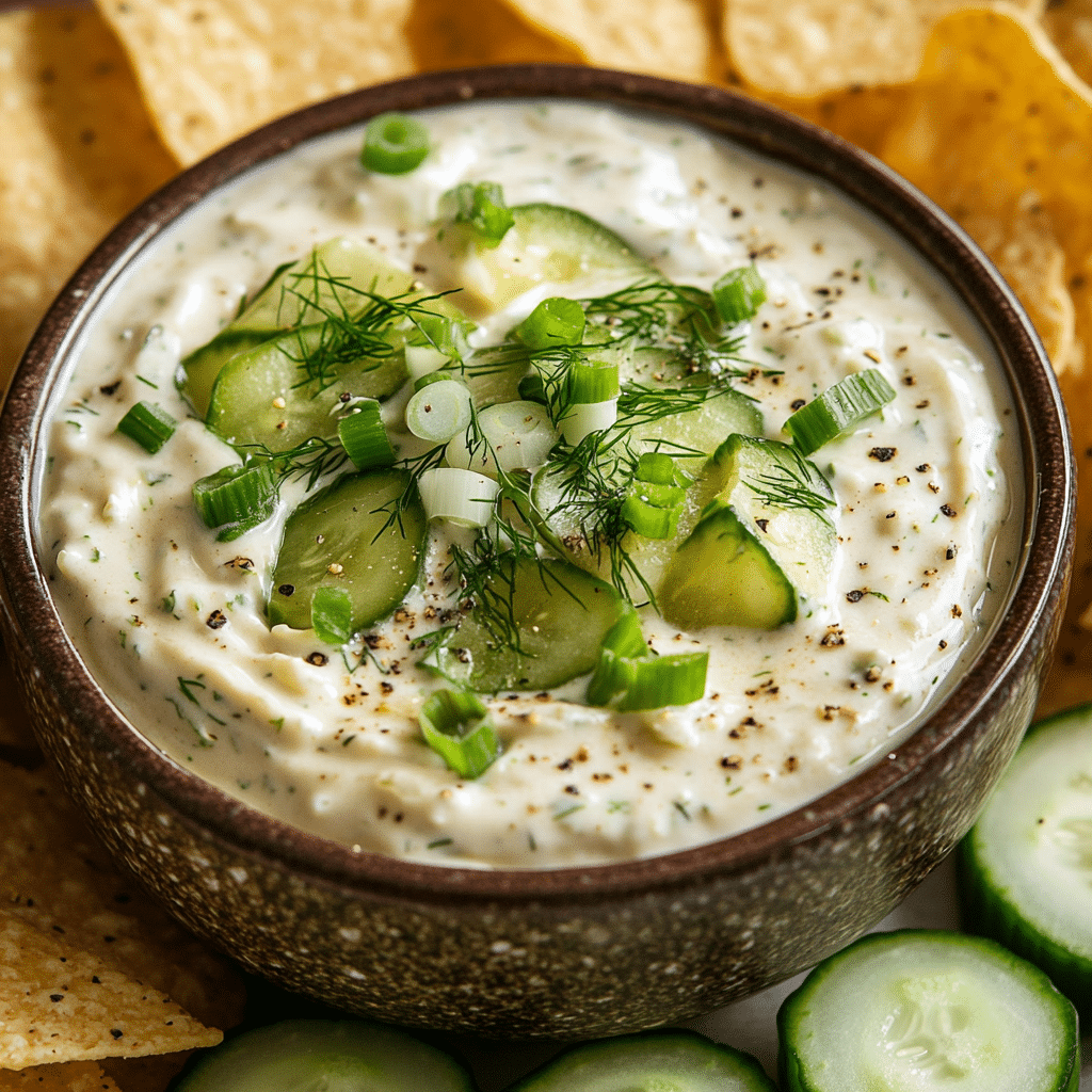 Bowl of creamy dill pickle dip with chopped pickles and dill served with chips