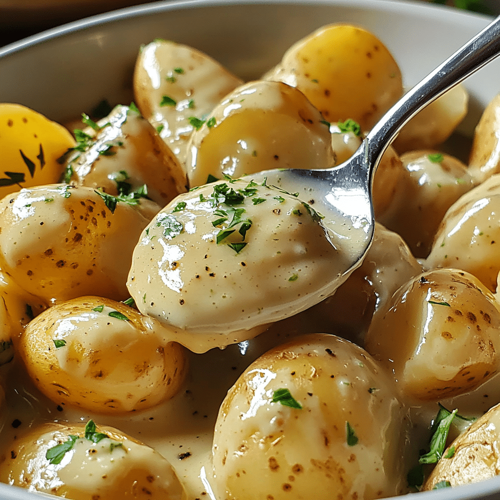 Baby potatoes tossed in creamy garlic sauce topped with parsley