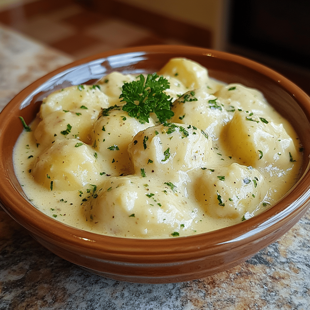Homemade creamy garlic sauce baby potatoes in a serving dish in a bright kitchen