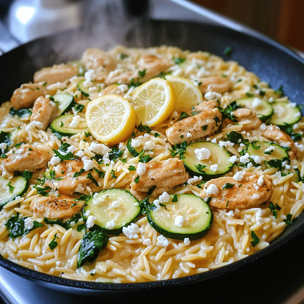 Skillet of creamy lemon chicken orzo pasta with zucchini, spinach, and feta-style cheese