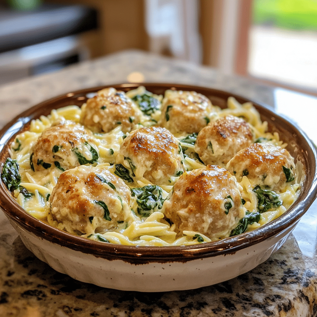 Homemade creamy lemon chicken ricotta meatballs with spinach & garlic orzo in a serving dish in a bright kitchen