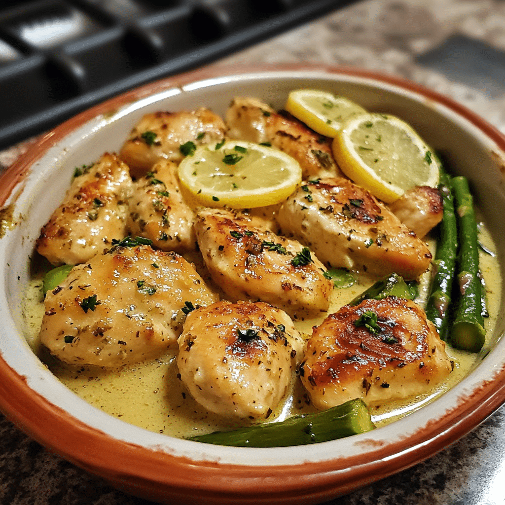 Homemade creamy lemon chicken and asparagus in a serving dish in a bright kitchen