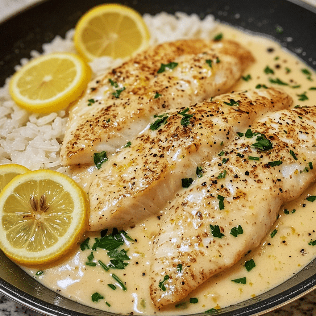 Creamy lemon garlic herb tilapia fillets in a skillet with lemon slices and parsley