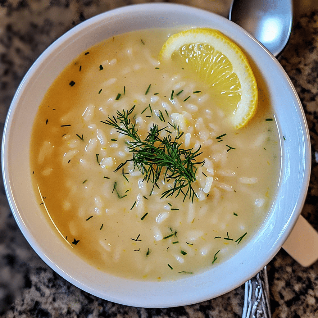 creamy lemon rice soup in a bowl with dill and lemon wedge