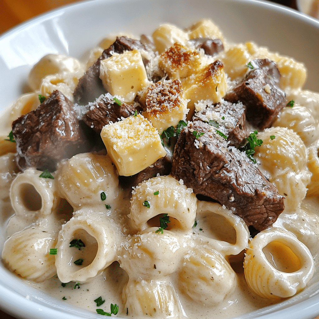 Bowl of creamy Parmesan shell pasta topped with garlic butter steak cubes and parsley