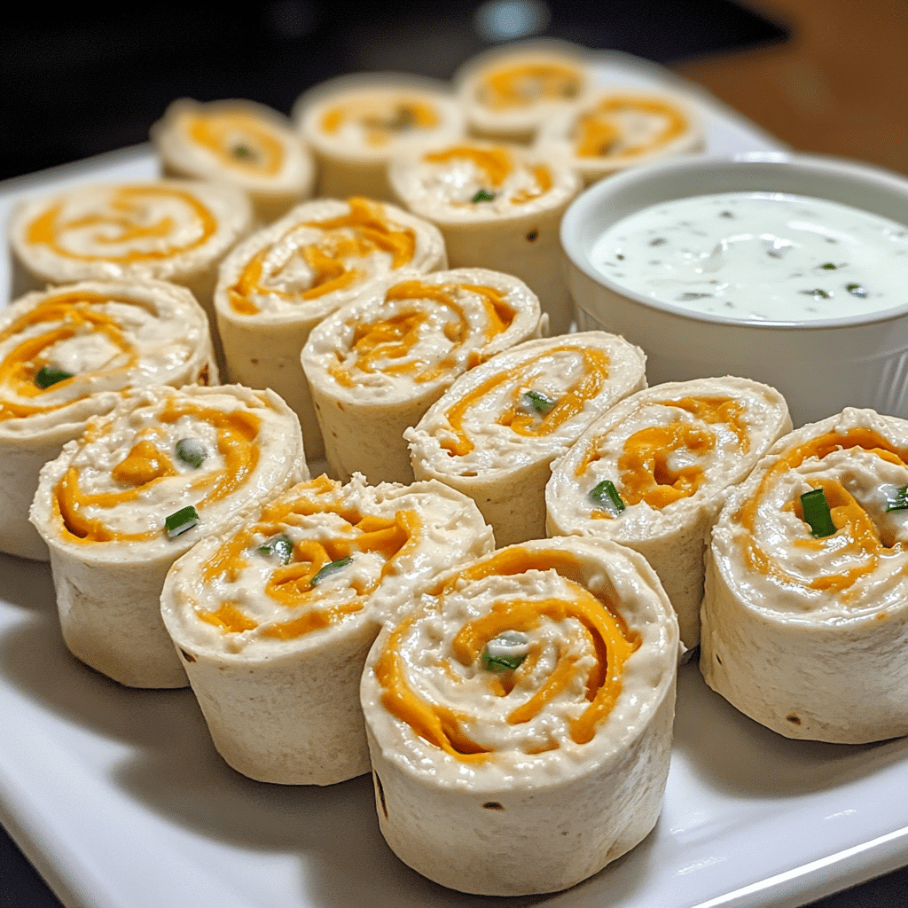 Chicken pinwheels with creamy ranch filling, cheese, and green onions on a platter