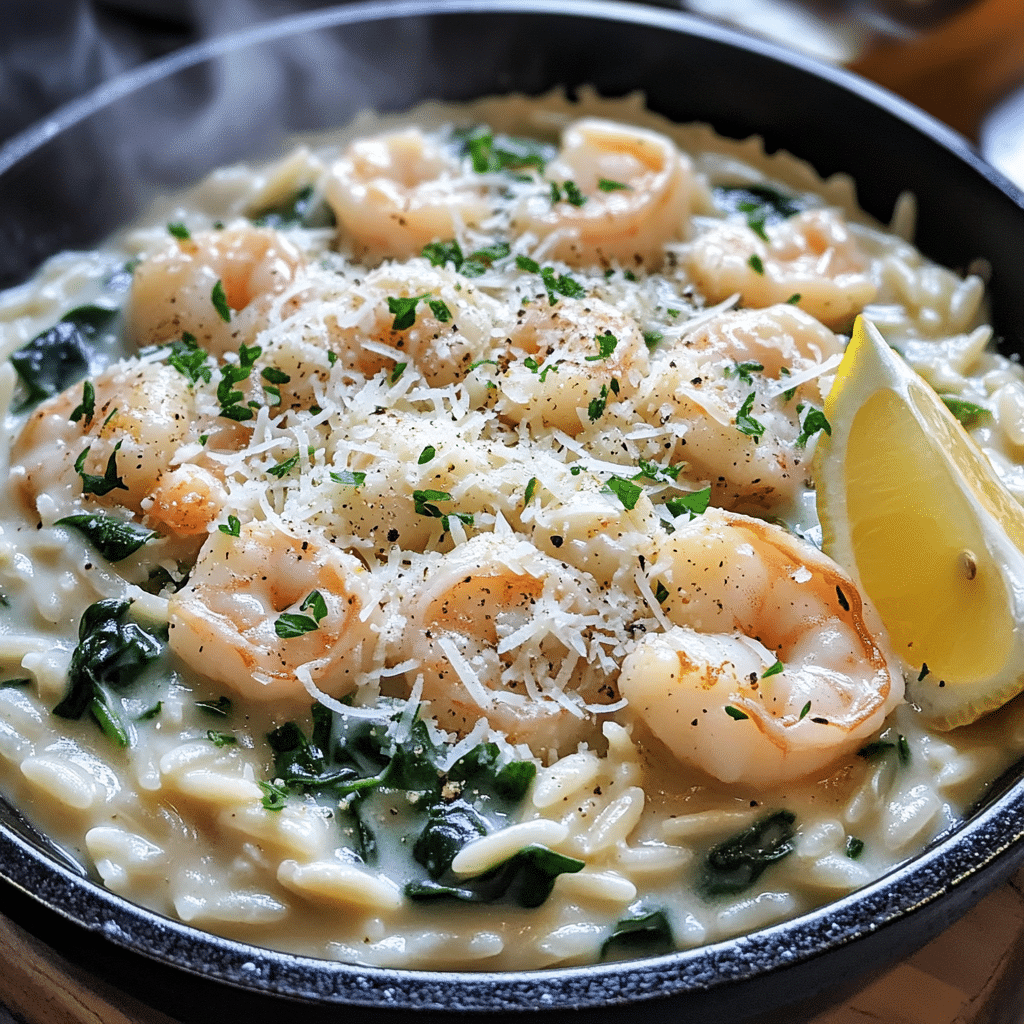 Skillet of creamy garlic shrimp orzo with spinach, Parmesan-style cheese, parsley, and lemon