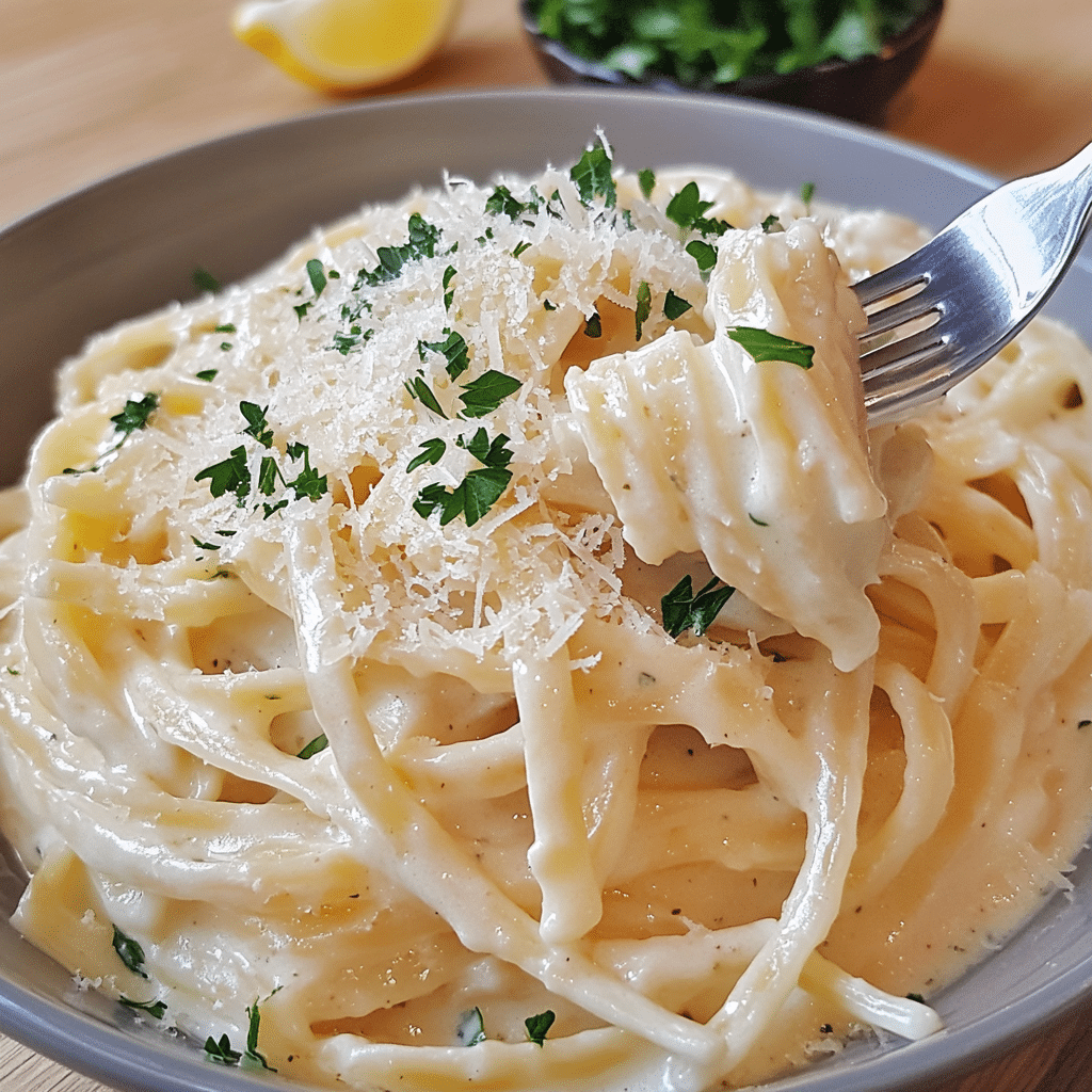 Bowl of pasta coated in creamy skinny Alfredo sauce topped with Parmesan-style cheese and parsley