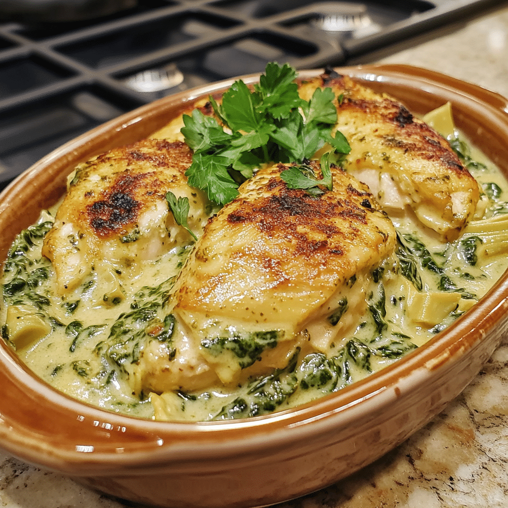 Homemade creamy spinach artichoke chicken in a serving dish in a bright kitchen