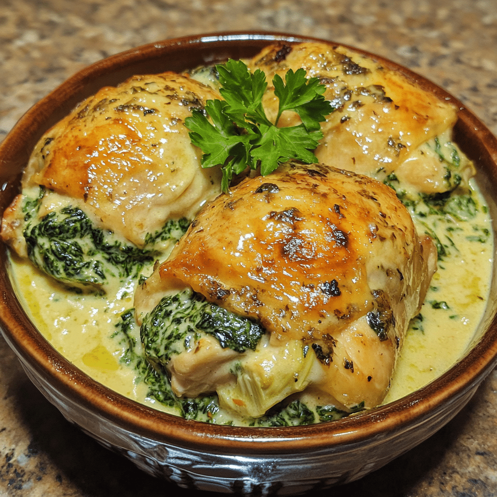 Homemade creamy spinach & artichoke stuffed chicken in a serving dish in a bright kitchen
