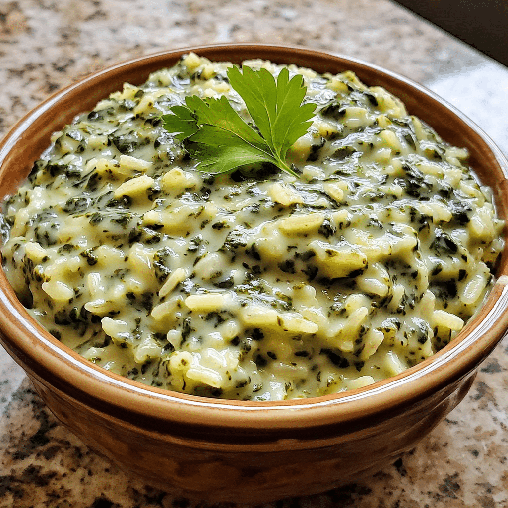 Homemade creamy spinach rice (easy one-pot recipe) in a serving dish in a bright kitchen