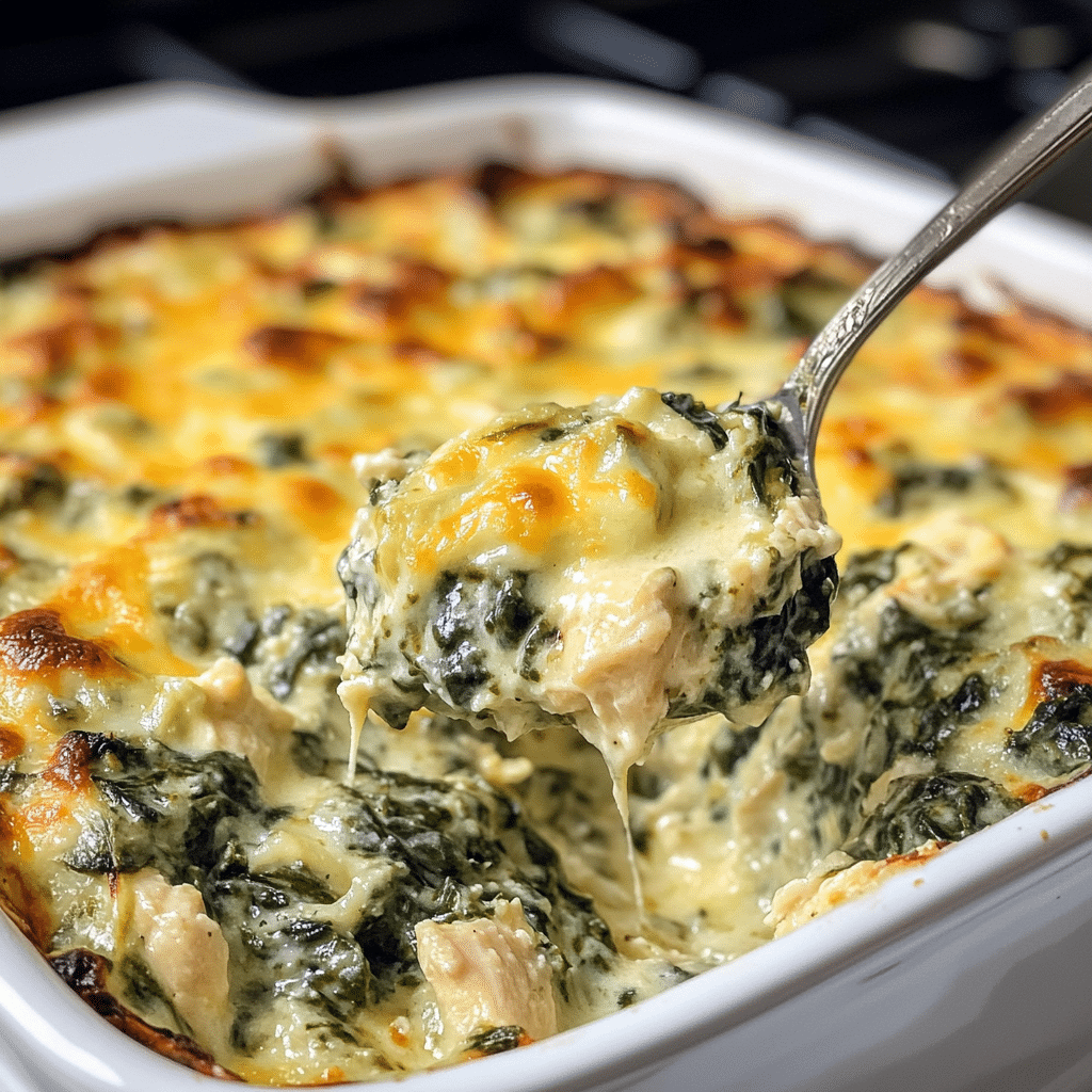 Baking dish of creamy spinach and artichoke chicken casserole with melted cheese on top