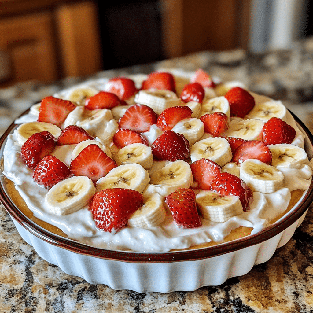 Homemade creamy strawberry banana cheesecake salad - spring recipe in a serving dish in a bright kitchen