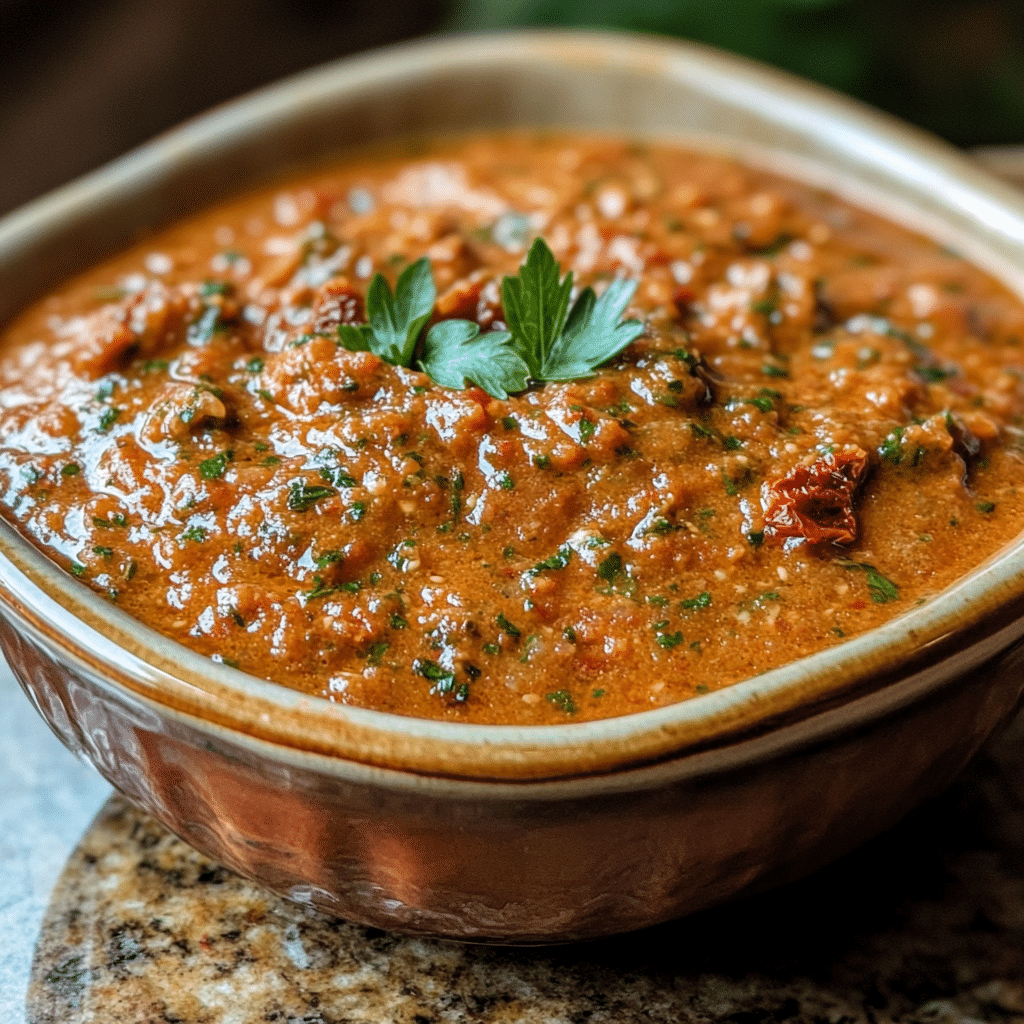 Homemade creamy sun dried tomato sauce in a serving dish in a bright kitchen