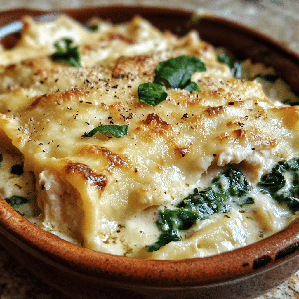 Homemade creamy white chicken spinach lasagna in a serving dish in a bright kitchen