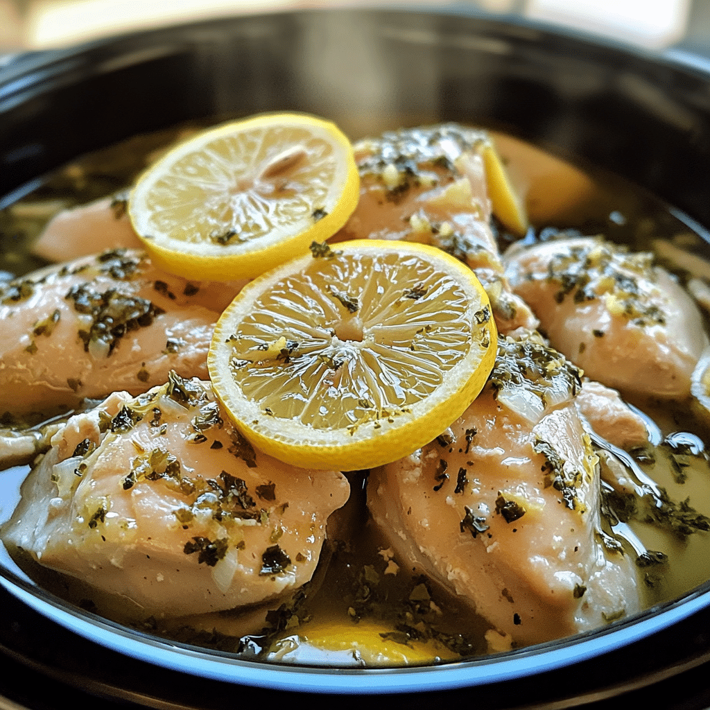 Slow cooker Greek lemon chicken pieces with lemon slices, garlic, and oregano in a light sauce