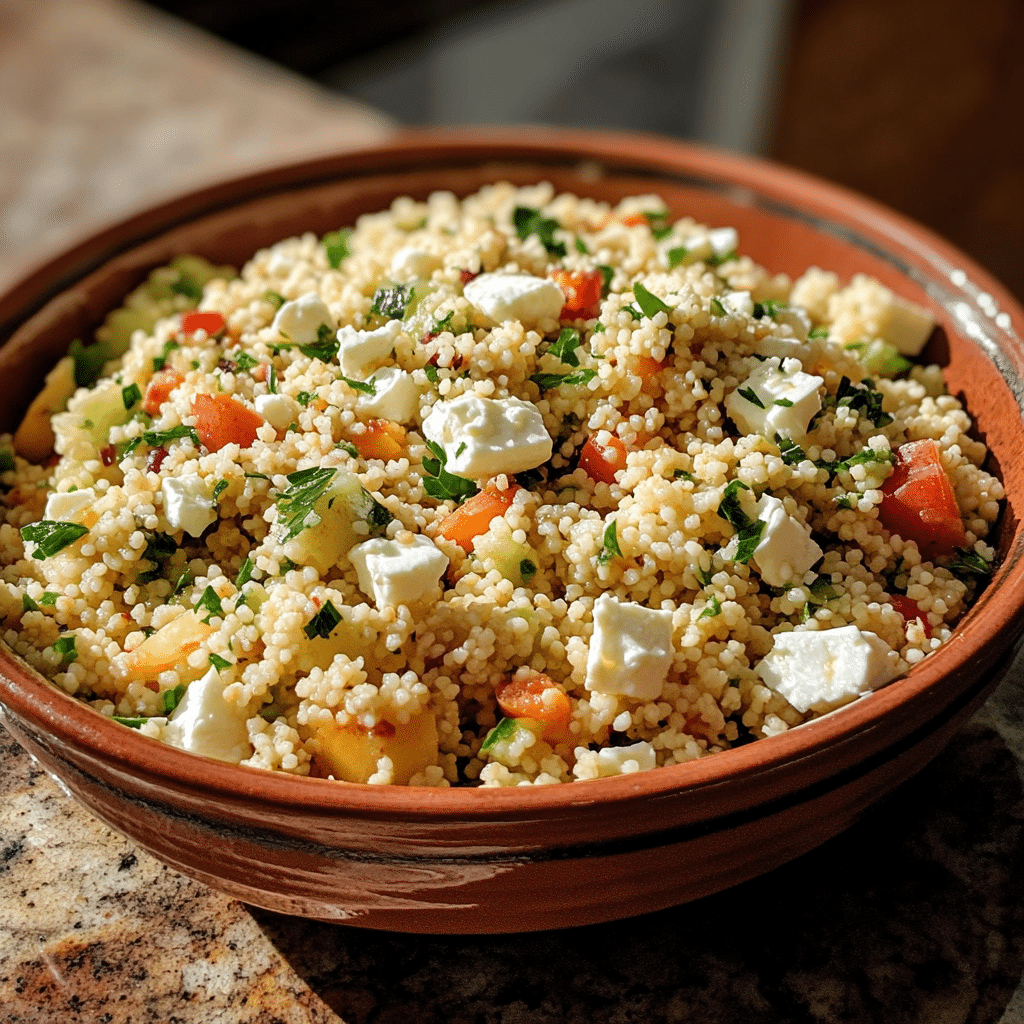 Homemade delicious easter spring couscous salad with feta in a serving dish in a bright kitchen