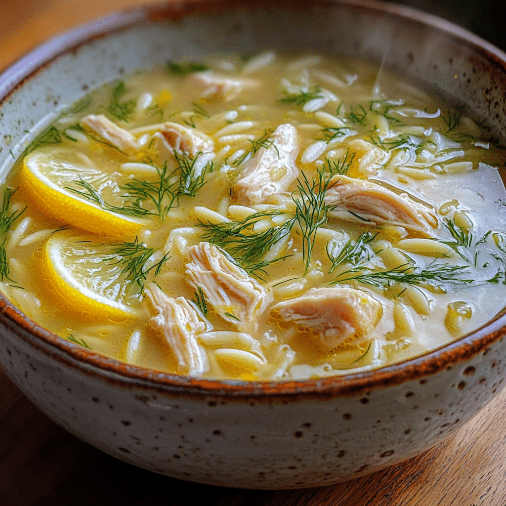Greek lemon chicken soup in a bowl with chicken pieces, orzo, dill, and lemon slices