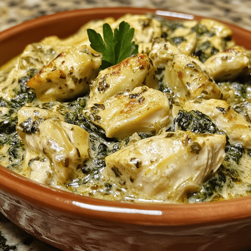 Homemade delicious high protein spinach artichoke chicken delight in a serving dish in a bright kitchen