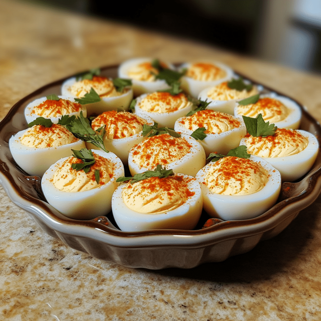 Homemade deviled eggs in a serving dish in a bright kitchen