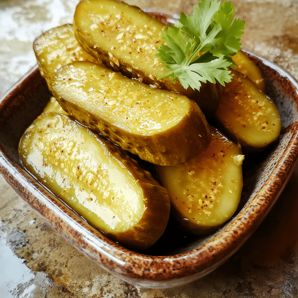 Homemade deviled pickles tangy twist on a classic in a serving dish in a bright kitchen