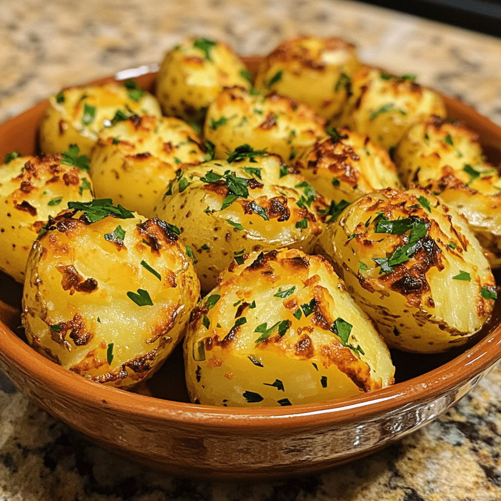 Homemade deviled potatoes in a serving dish in a bright kitchen