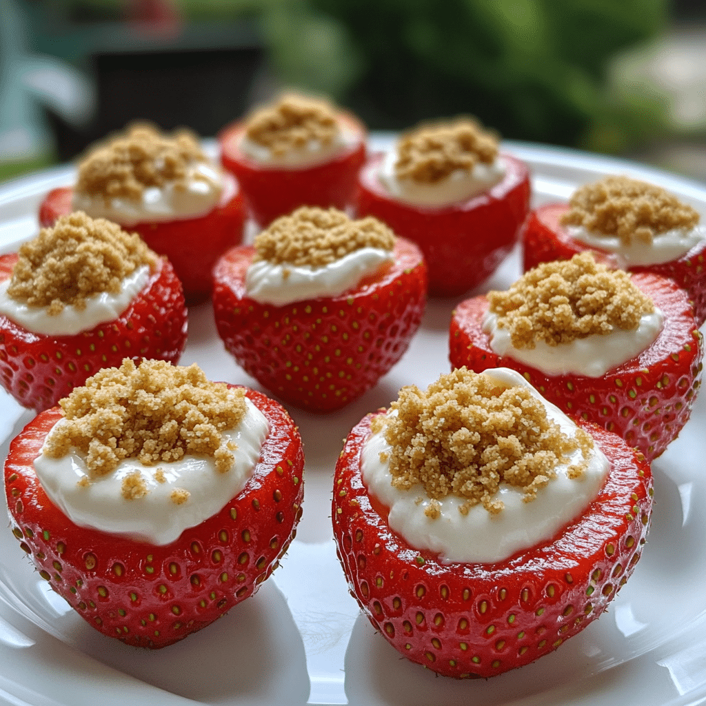 Strawberries filled with creamy cheesecake filling and topped with graham cracker crumbs