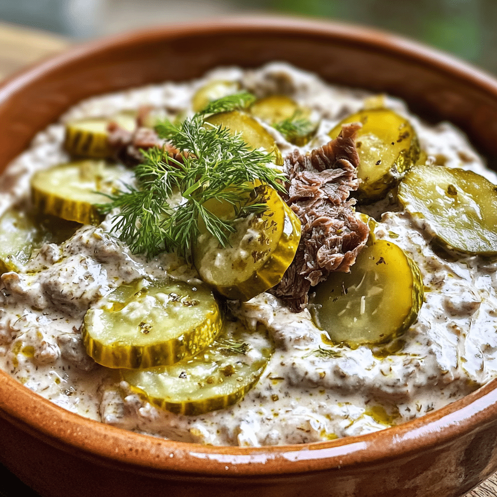 Homemade dill pickle dip with dried beef in a serving dish in a bright kitchen
