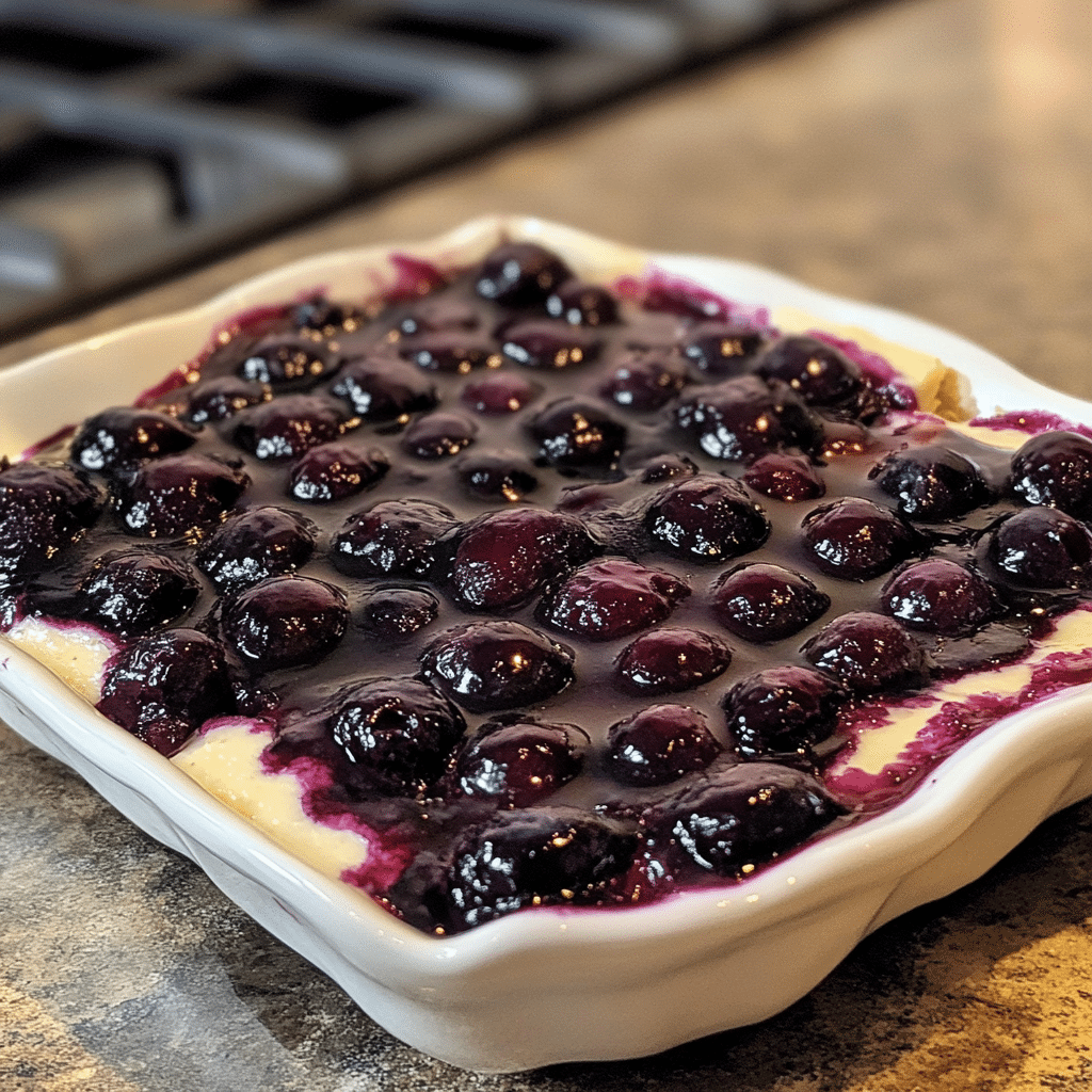 Homemade dreamy blueberry cheesecake cvanillable bars recipe in a serving dish in a bright kitchen
