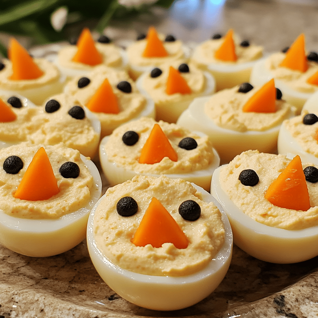 deviled eggs for Easter decorated like chicks with carrot and peppercorn
