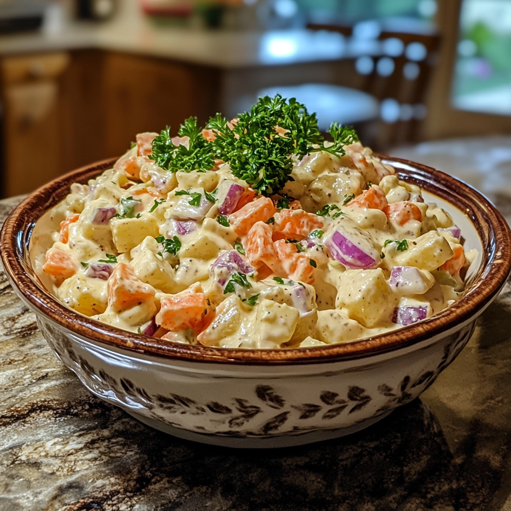 Homemade easter fluff salad in a serving dish in a bright kitchen
