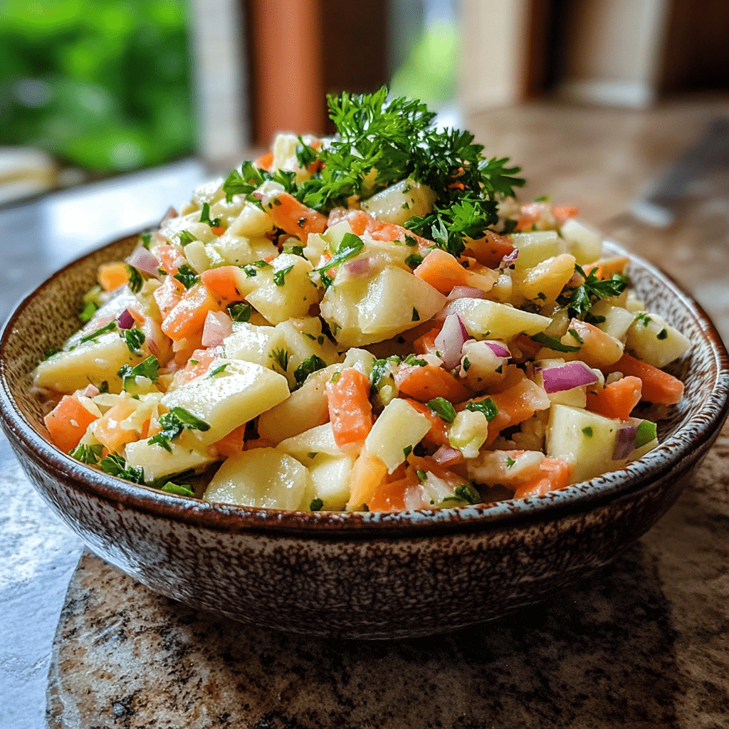 Homemade easter salad in a serving dish in a bright kitchen