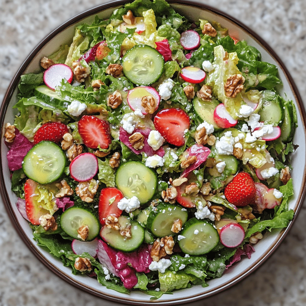 spring salad with goat cheese strawberries cucumber and mixed greens
