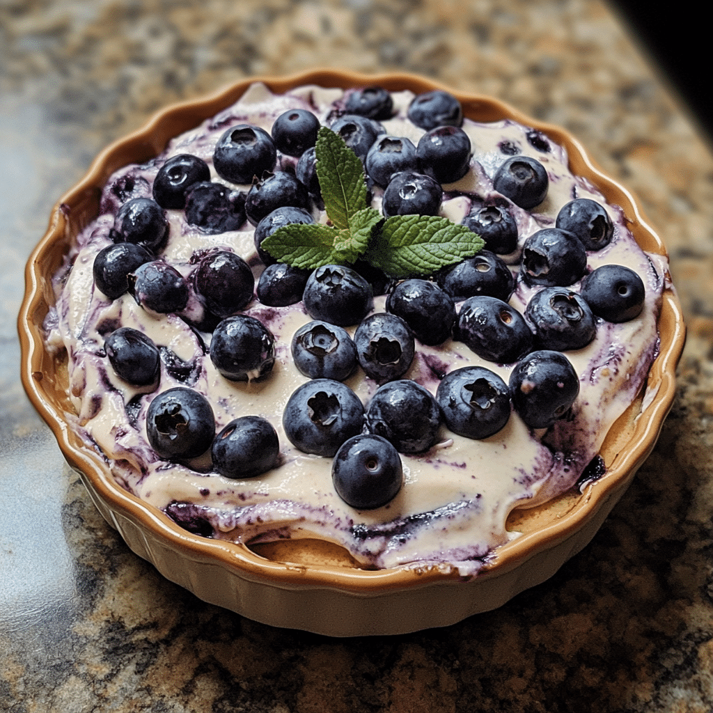 Homemade easy 3-layer blueberry delight recipe in a serving dish in a bright kitchen