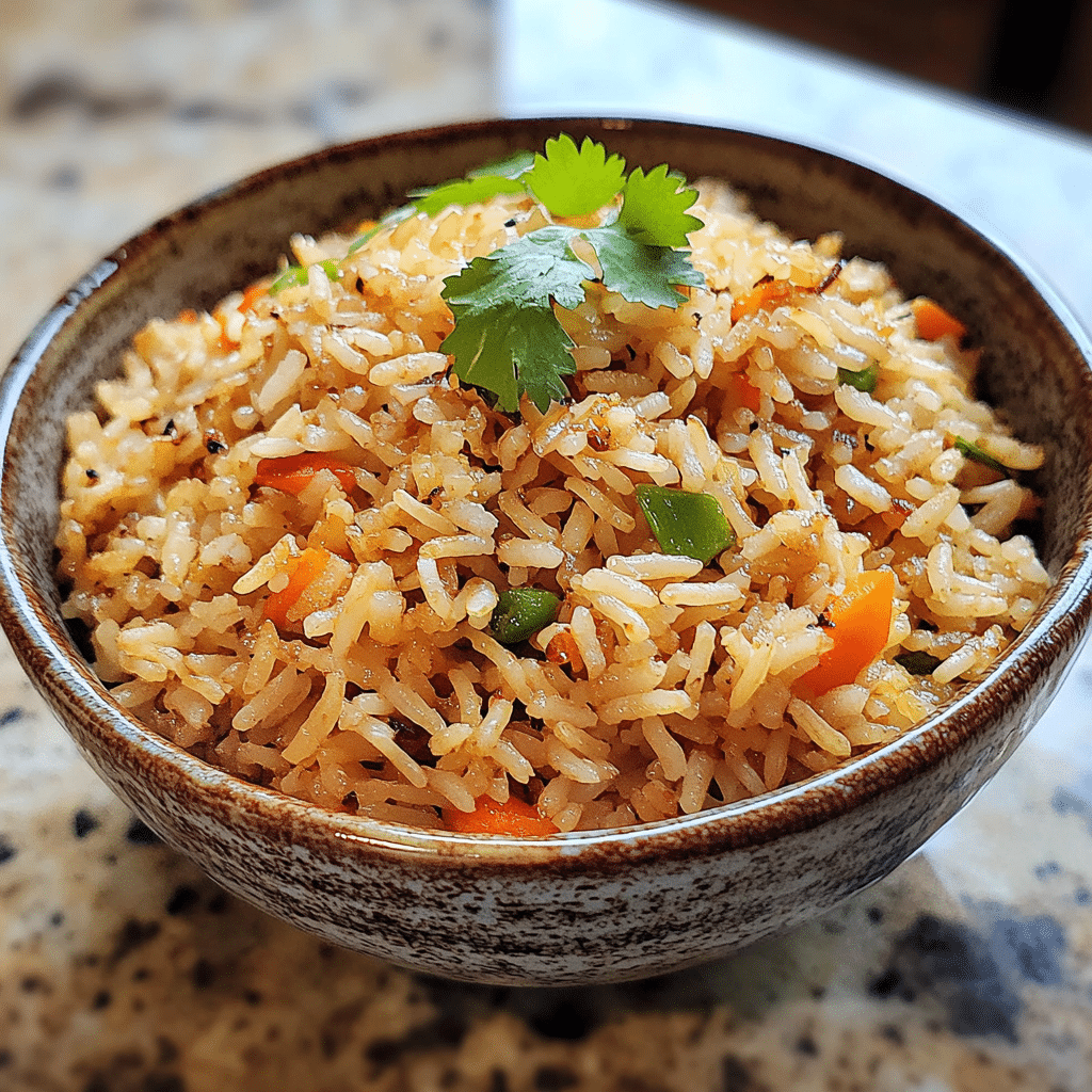 Homemade easy asian rice recipe in a serving dish in a bright kitchen