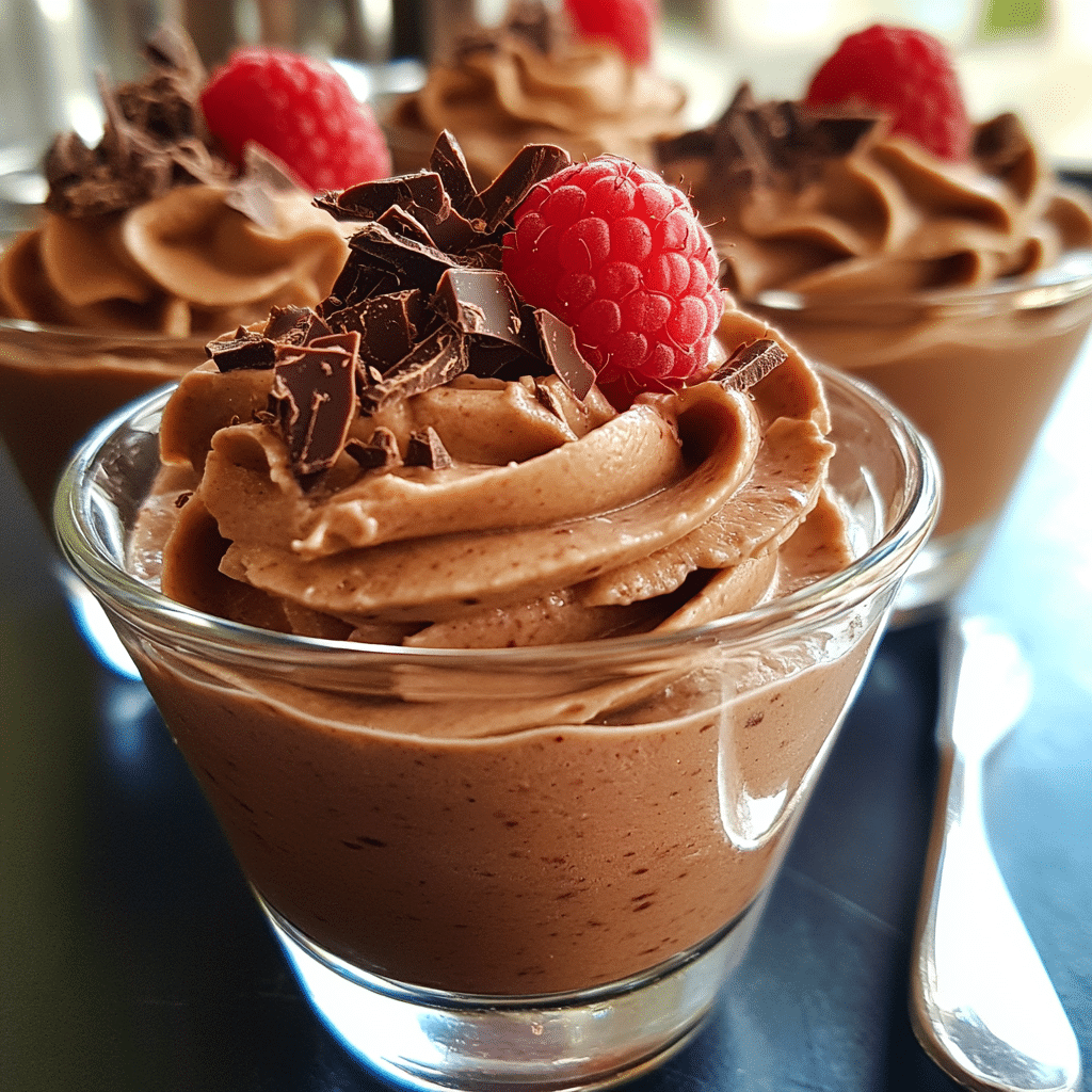 Glass cups of fluffy chocolate mousse topped with chocolate shavings