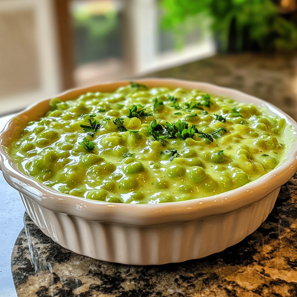 Homemade easy creamed peas recipe in a serving dish in a bright kitchen