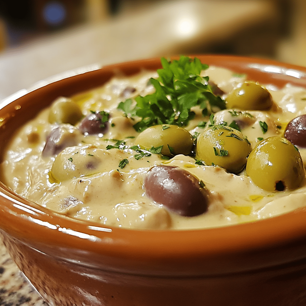Homemade easy creamy olive dip (the best appetizer) in a serving dish in a bright kitchen