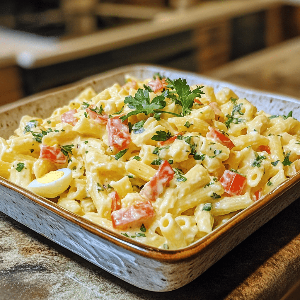 Homemade easy deviled egg pasta salad in a serving dish in a bright kitchen