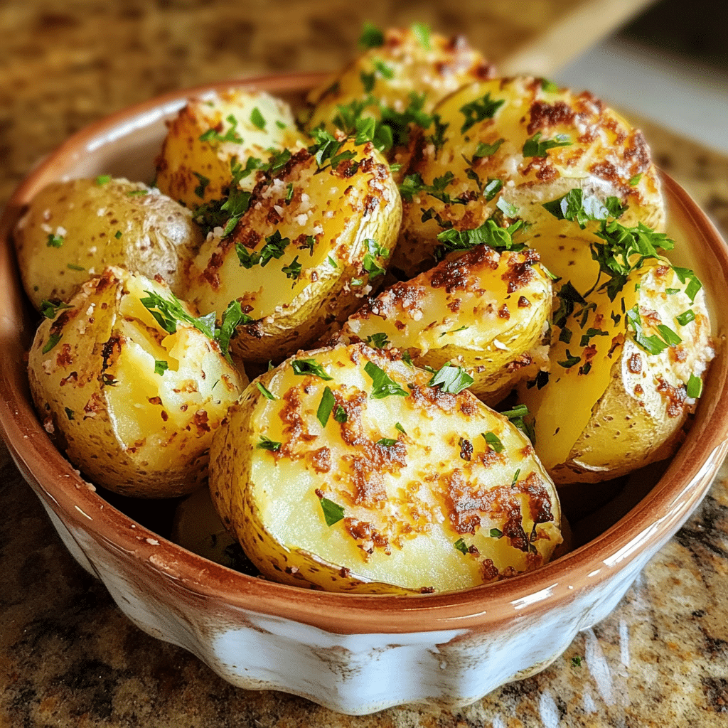 Homemade easy deviled potatoes in a serving dish in a bright kitchen